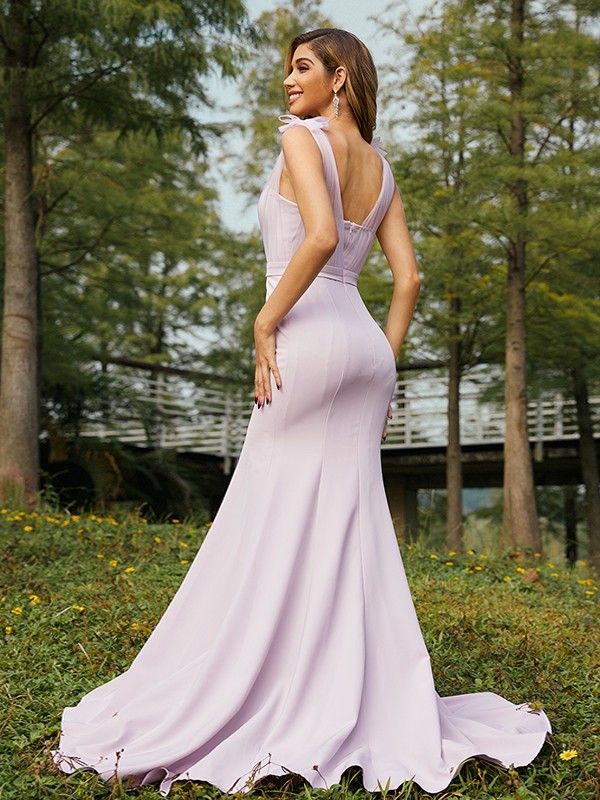 Mermaid V-neck Sleeveless Bridesmaid Gown With Sweep / Brush Train 2