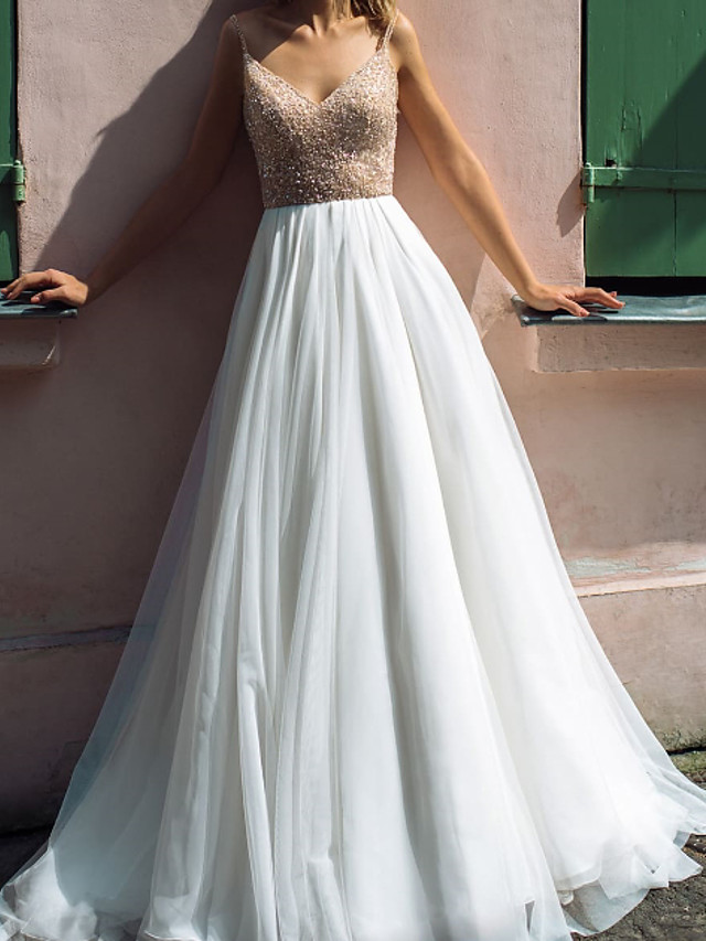 A-line V-neck Sleeveless Sweep / Brush Train Tulle Wedding Gown With Lace 3