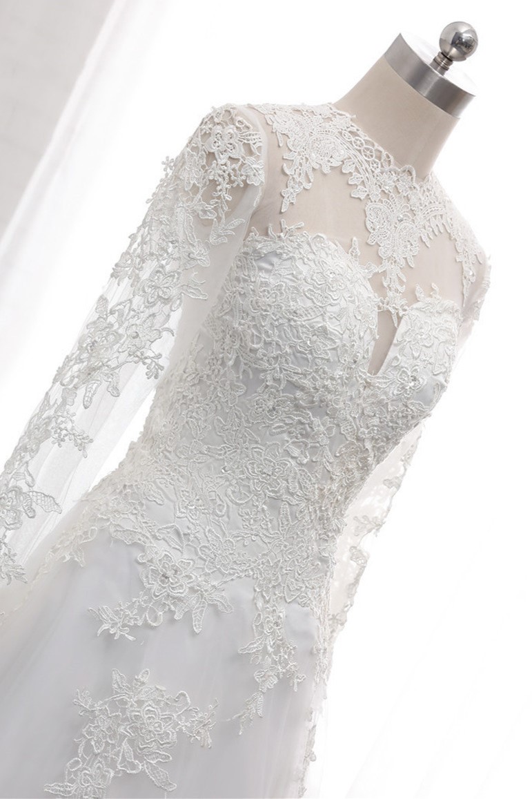 A-line Jewel Neck Long Sleeves Floor-length Tulle Wedding Dress With Lace 6