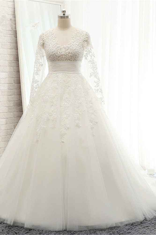 A-line V-neck Long Sleeves Floor-length Tulle Bridal Attire With Lace 1