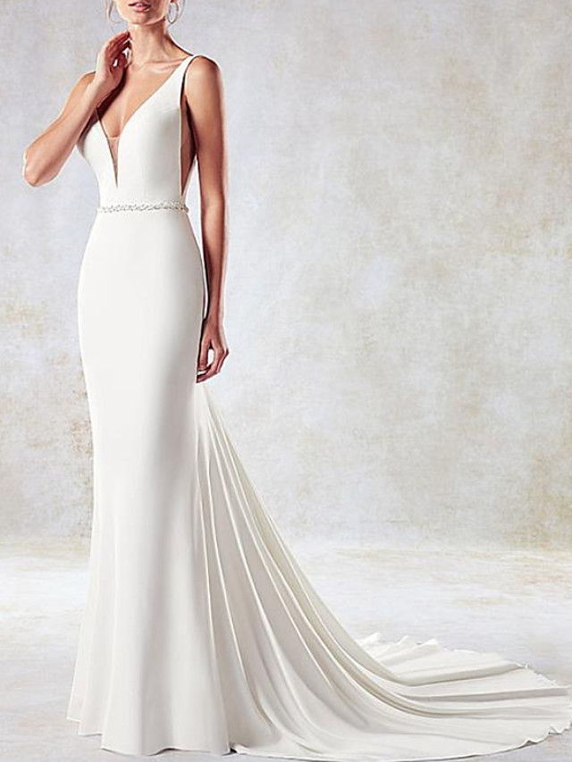 Mermaid V-neck Sleeveless Court Train Bridal Gown With Ribbons 3