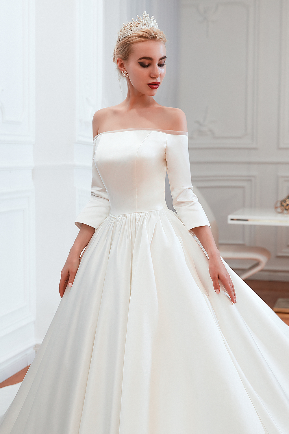 Ball Gown Bateau Neck 3/4-Length Sleeves Floor-length Tulle Wedding Gown With Cathedral Train 9