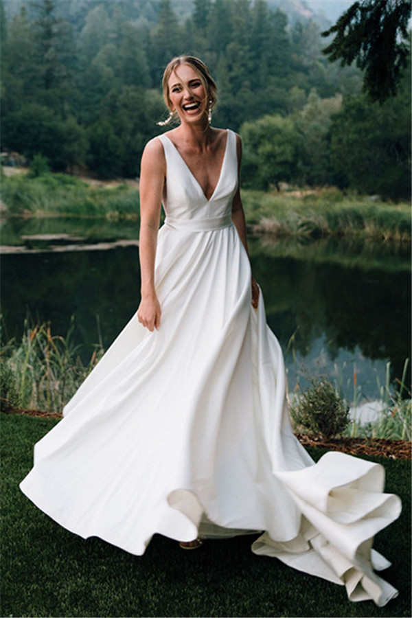 A-line Strapless Sleeveless Floor-length Stretch Satin Wedding Gown With Ruffles 1