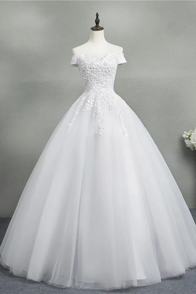 A-line Short Sleeves Floor-length Tulle Wedding Dress With Appliques 1