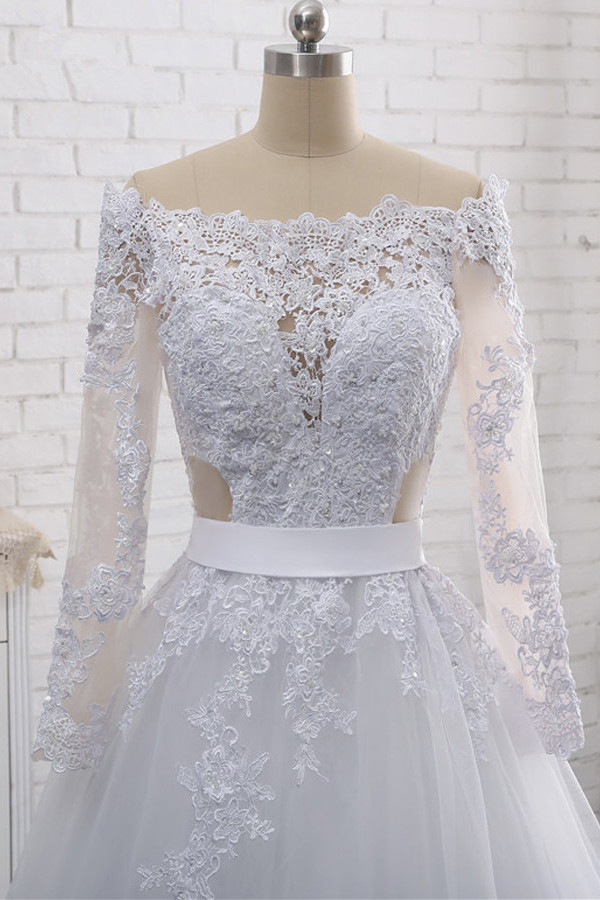 A-line Off-the-shoulder Long Sleeves Floor-length Tulle Wedding Dress With Lace 5