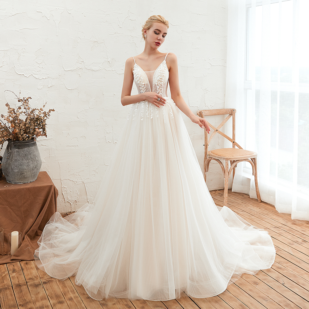 A-line Plunging Neckline Sleeveless Cathedral Train Tulle Wedding Gown With Flower(s) 4