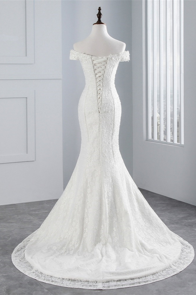 Mermaid Off-the-shoulder Sweetheart Neck Sleeveless Floor-length Lace Bridal Dress With Lace 2