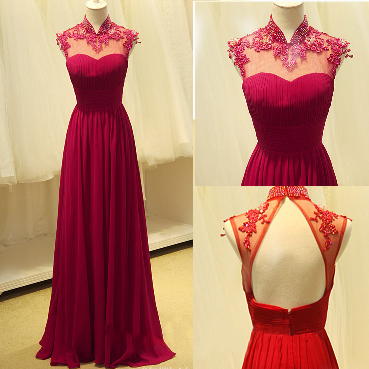 A-line High Neck Sleeveless Floor-length 100D Chiffon Evening Dress With Appliques 2