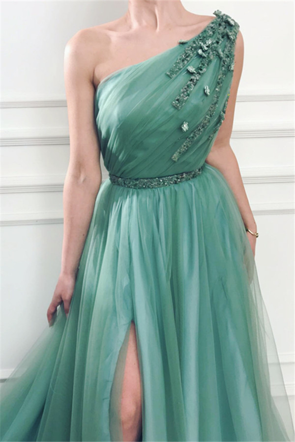 A-line One Shoulder Sleeveless Sweep / Brush Train Formal Wear With Appliques 3