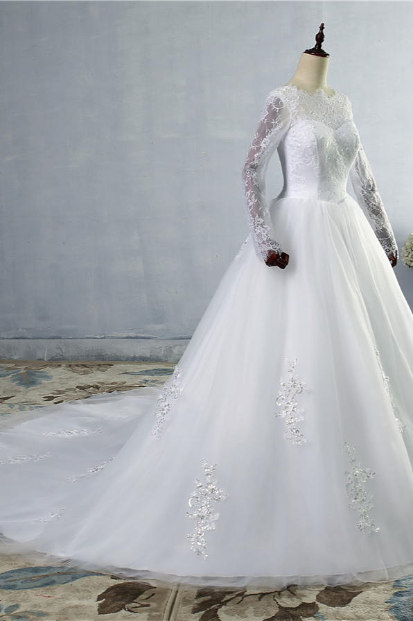 A-line Jewel Neck Long Sleeves Floor-length Tulle Bridal Dress With Appliques 3