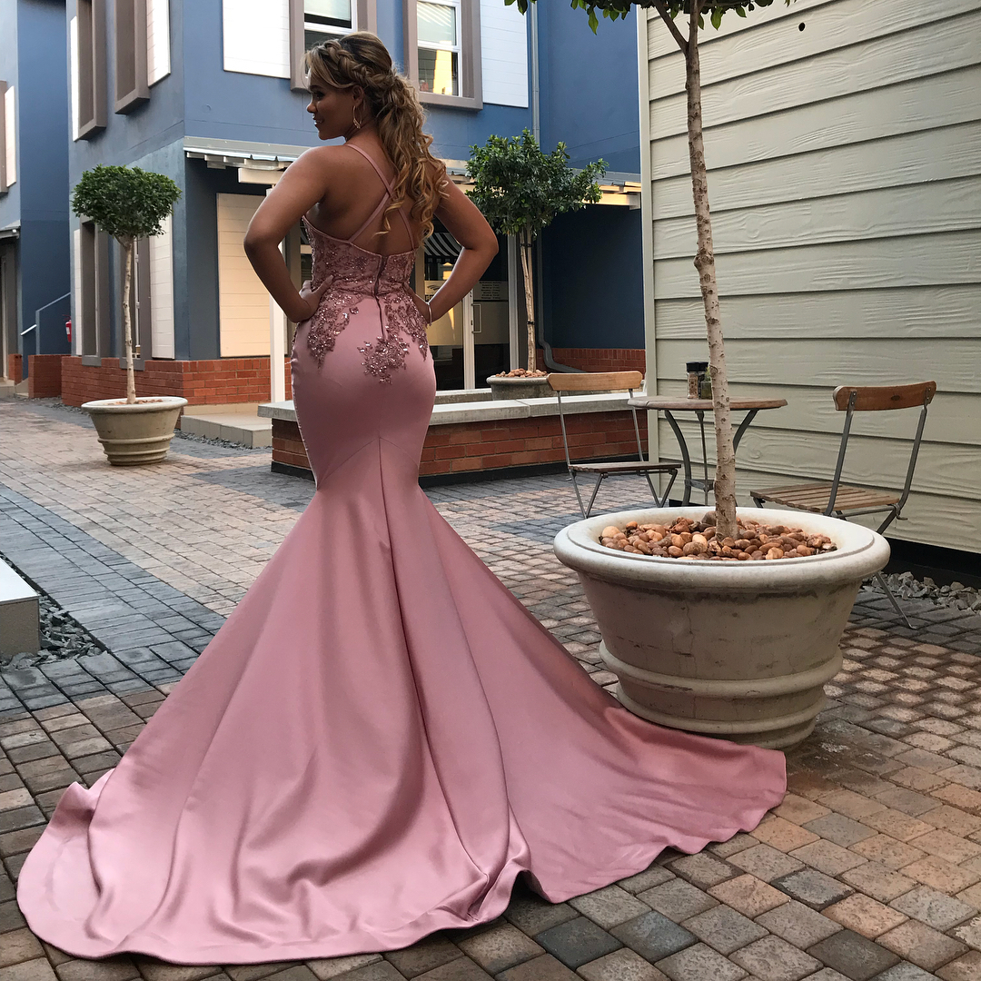 Mermaid Spaghetti Straps Sweep / Brush Train Stretch Satin Homecoming Gown With Appliques 2