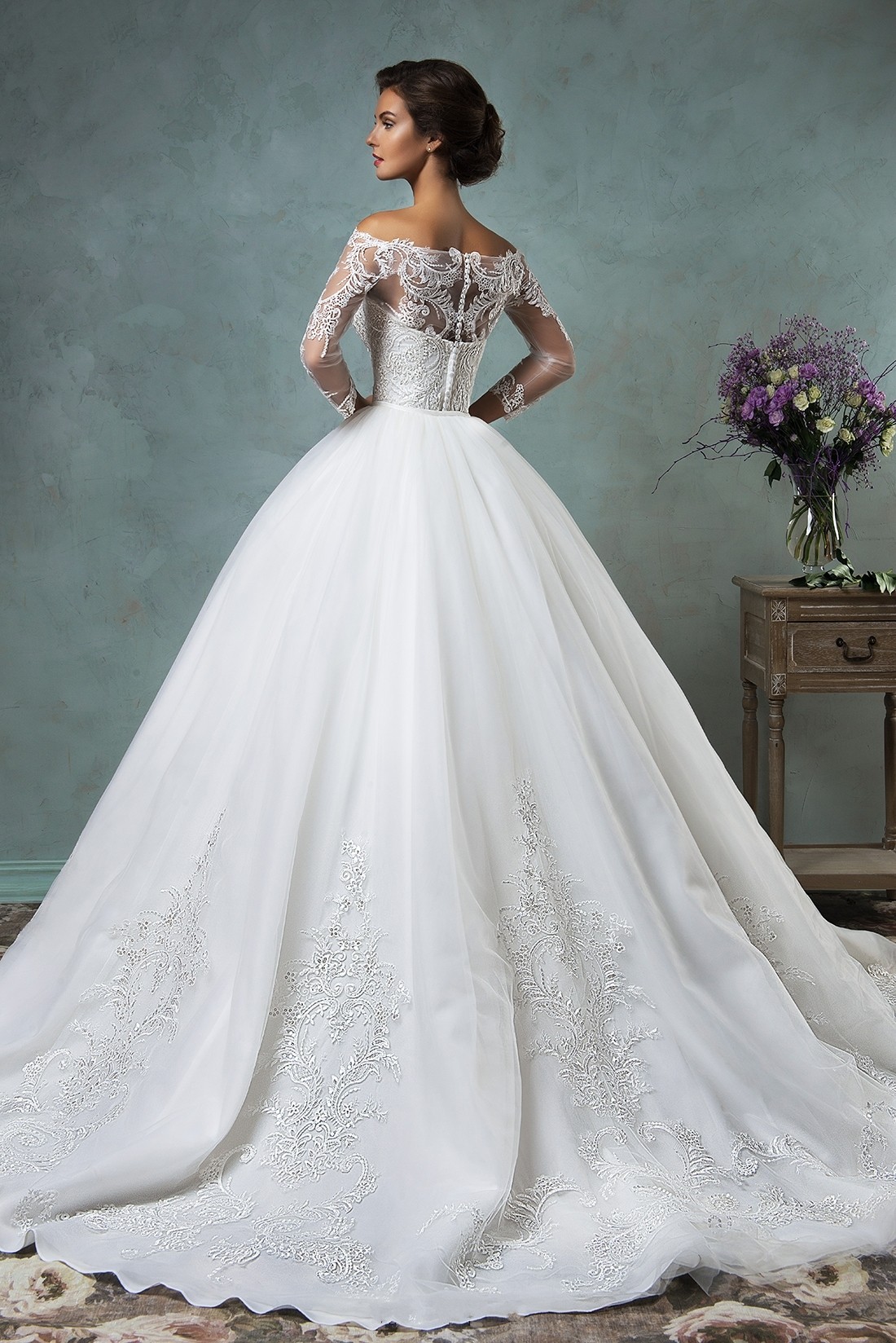Off the Shoulder Wedding Dress with Long Sleeves and Detachable Train 2