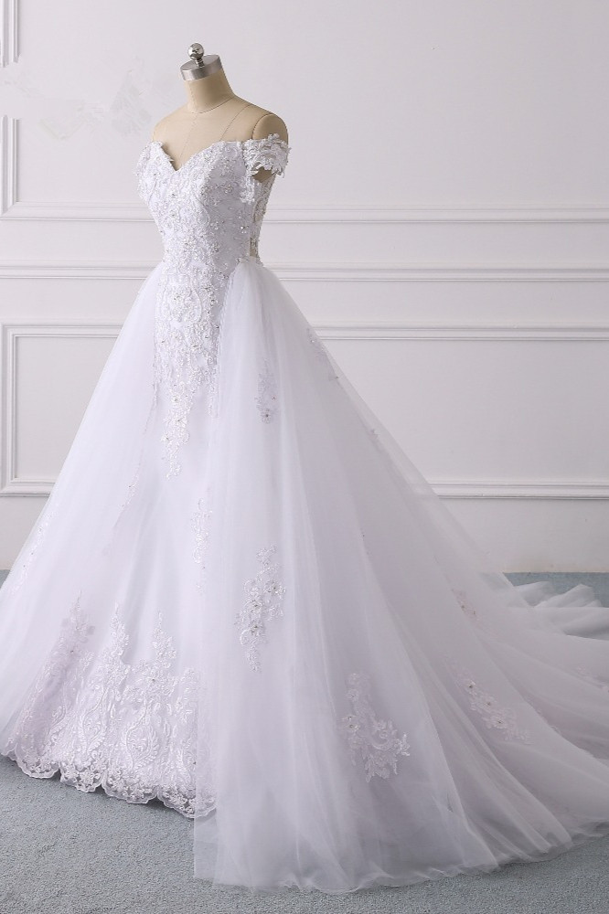A-line Off-the-shoulder Sweetheart Neck Short Sleeves Floor-length Tulle Wedding Gown With Appliques 3