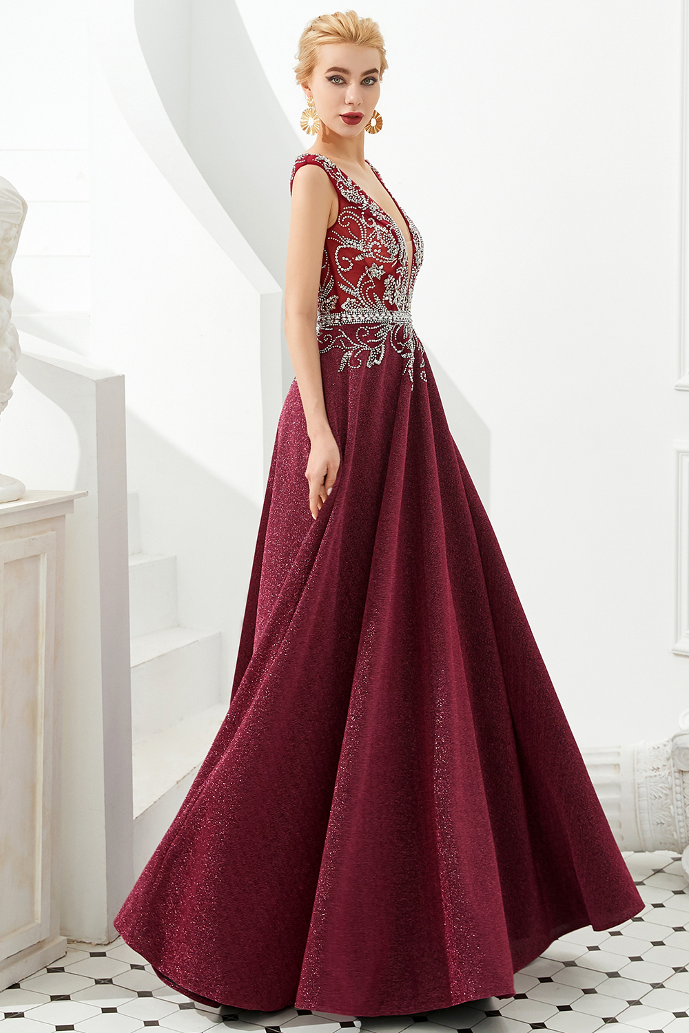 A-line V-neck Sleeveless Sweep / Brush Train Evening Gown With Crystal Floral Pin 7