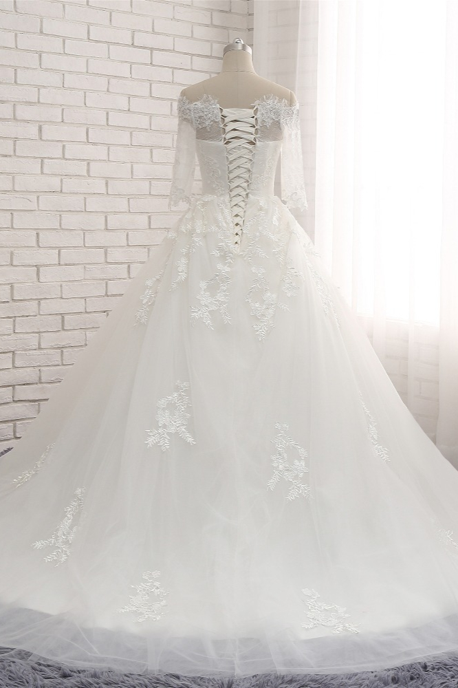 A-line Bateau Neck Half-Sleeves Floor-length Tulle Bridal Dress With Appliques 2