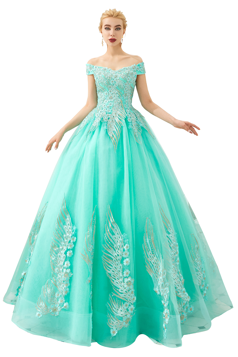 Ball Gown Off-the-shoulder Cap Sleeves Sweep / Brush Train Tulle Formal Dress With Beading 4