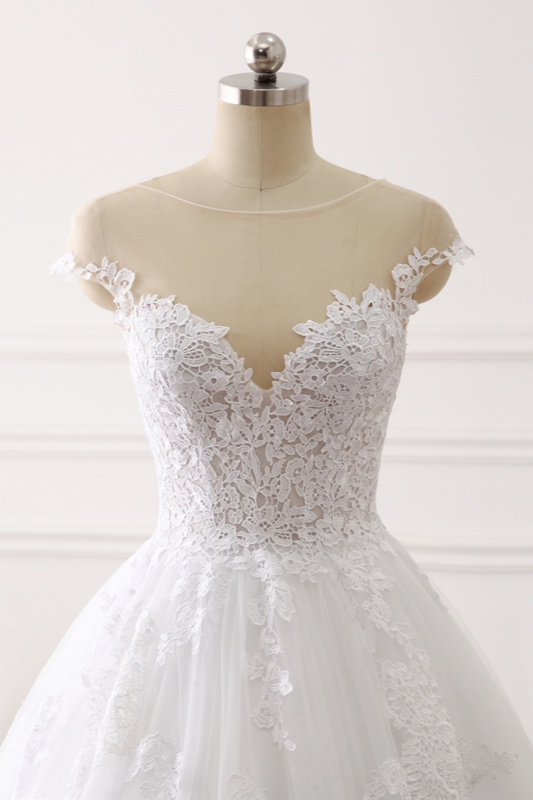 A-line Jewel Neck Sleeveless Floor-length Tulle Wedding Dress With Appliques 5