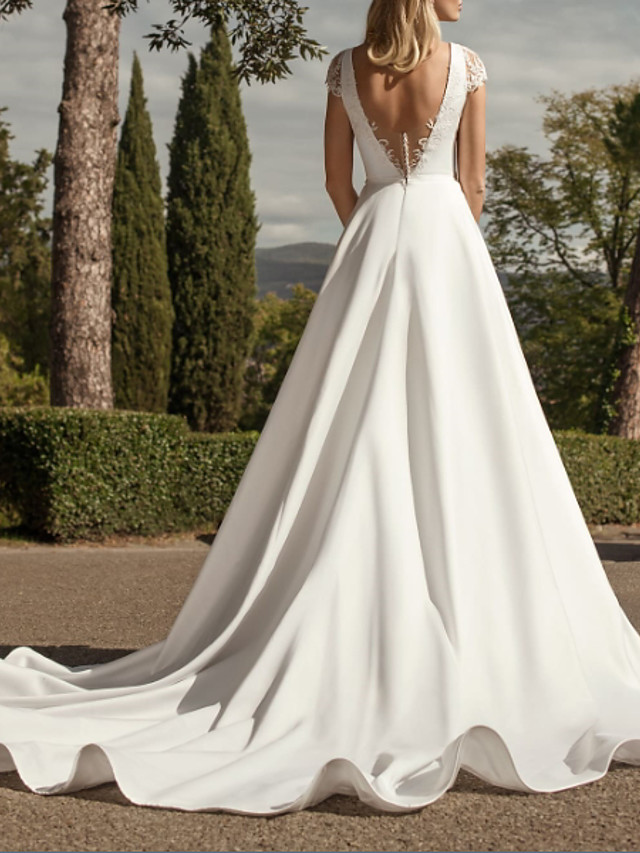 A-line V-neck Cap Sleeves Sweep / Brush Train Lace Wedding Dress With Lace 2