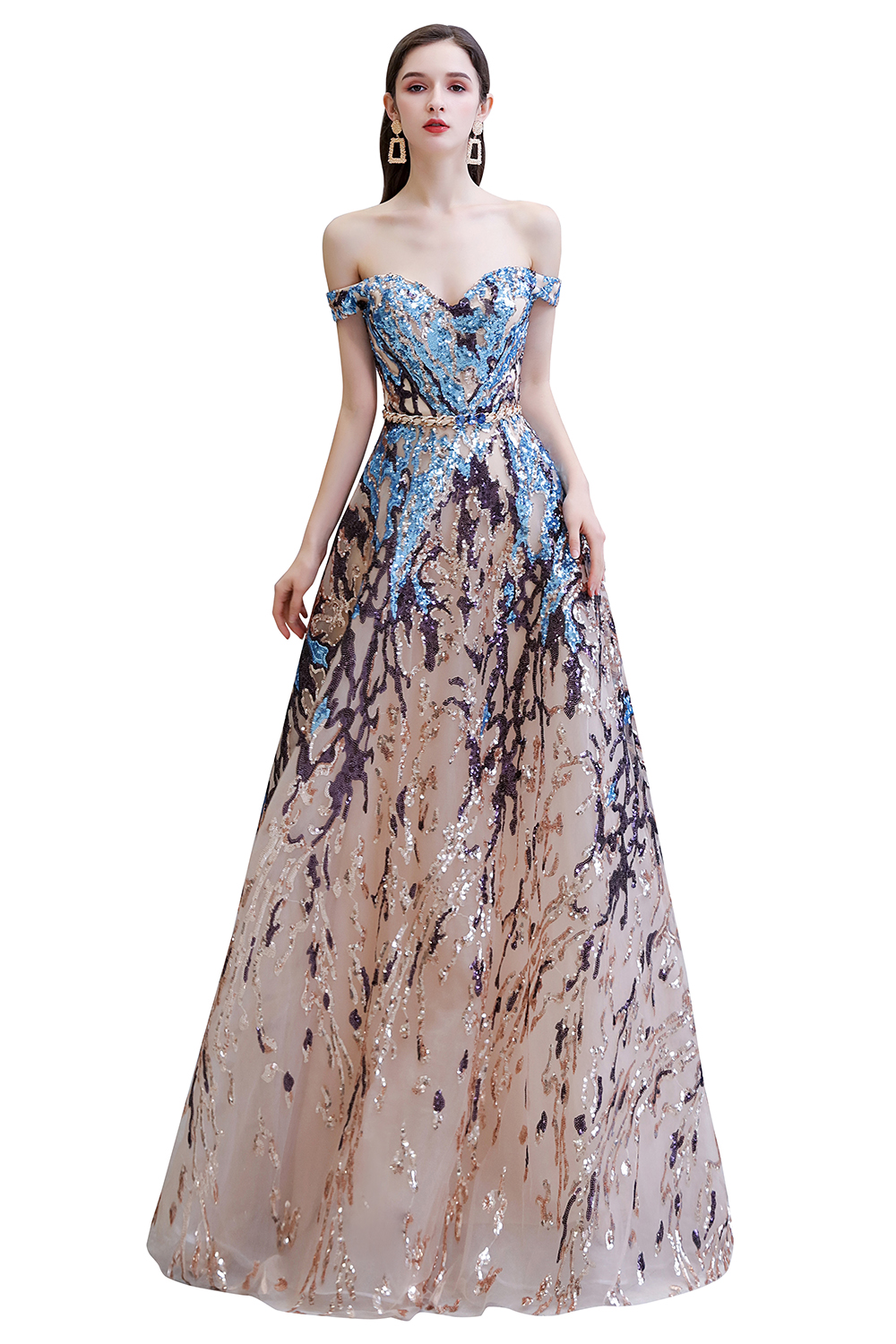 A-line Off-the-shoulder Sweetheart Neck Cap Sleeves Sweep / Brush Train Tulle Formal Dress With Rhinestone 3