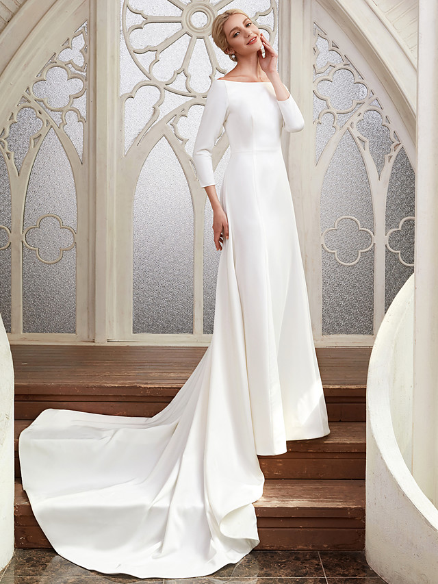 A-line Bateau Neck Floor-length Tulle Bridal Gown With Chapel Train 4