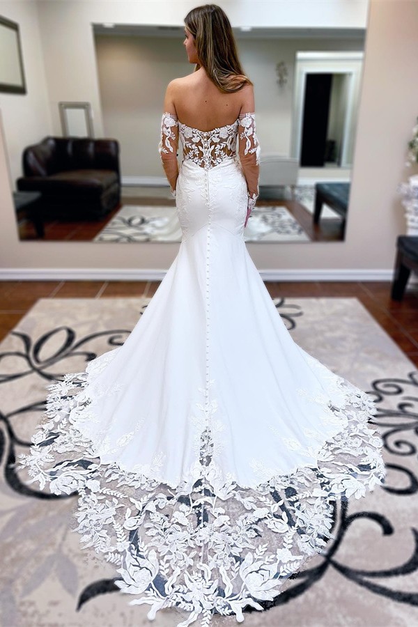 Mermaid Sweetheart Neck V-neck Long Sleeves Sweep / Brush Train Lace Bridal Gown With Ruffles 2