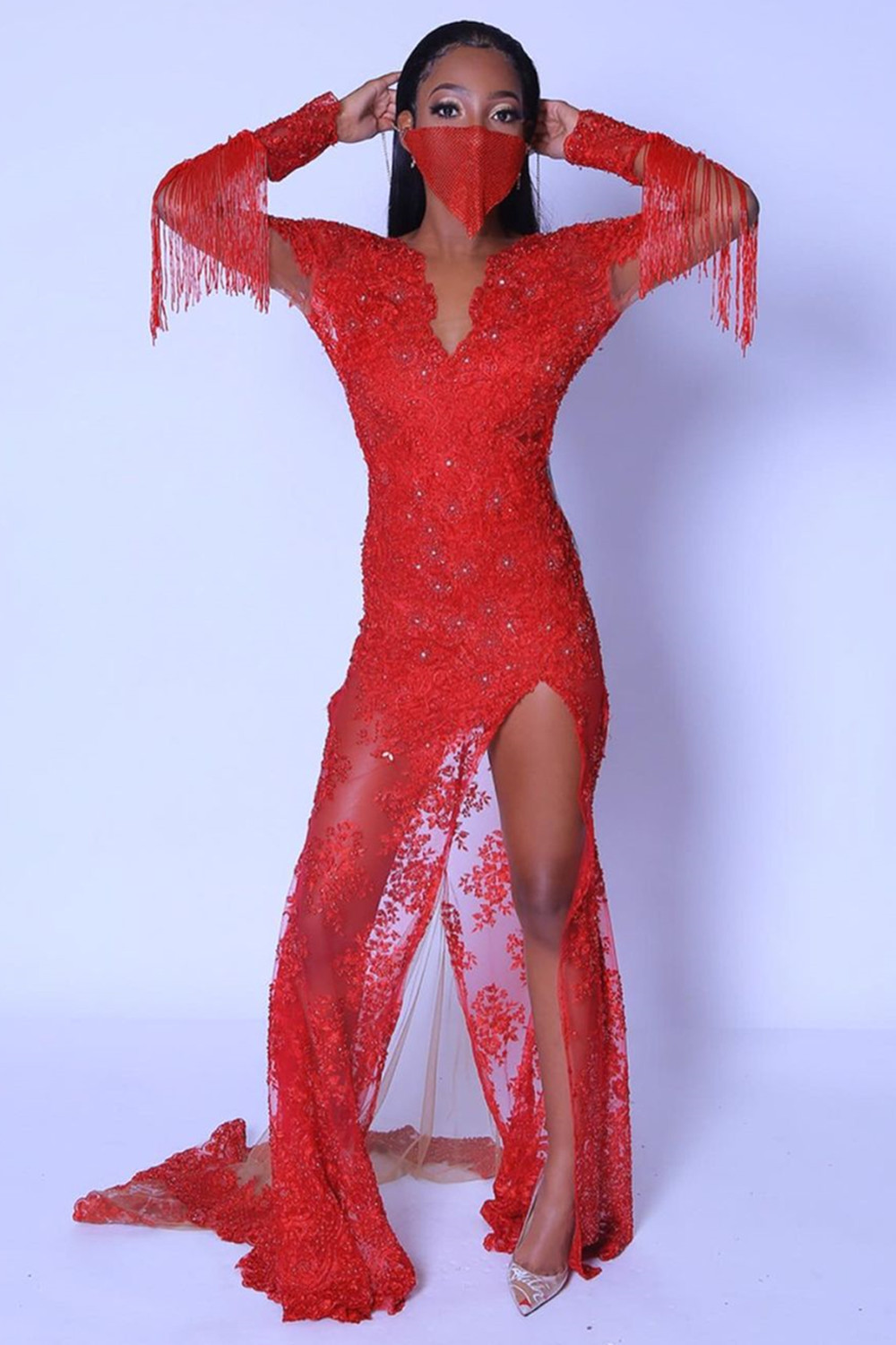 V-neck Jewel Neck Long Sleeves Sweep / Brush Train Lace Formal Wear With Split Front 2