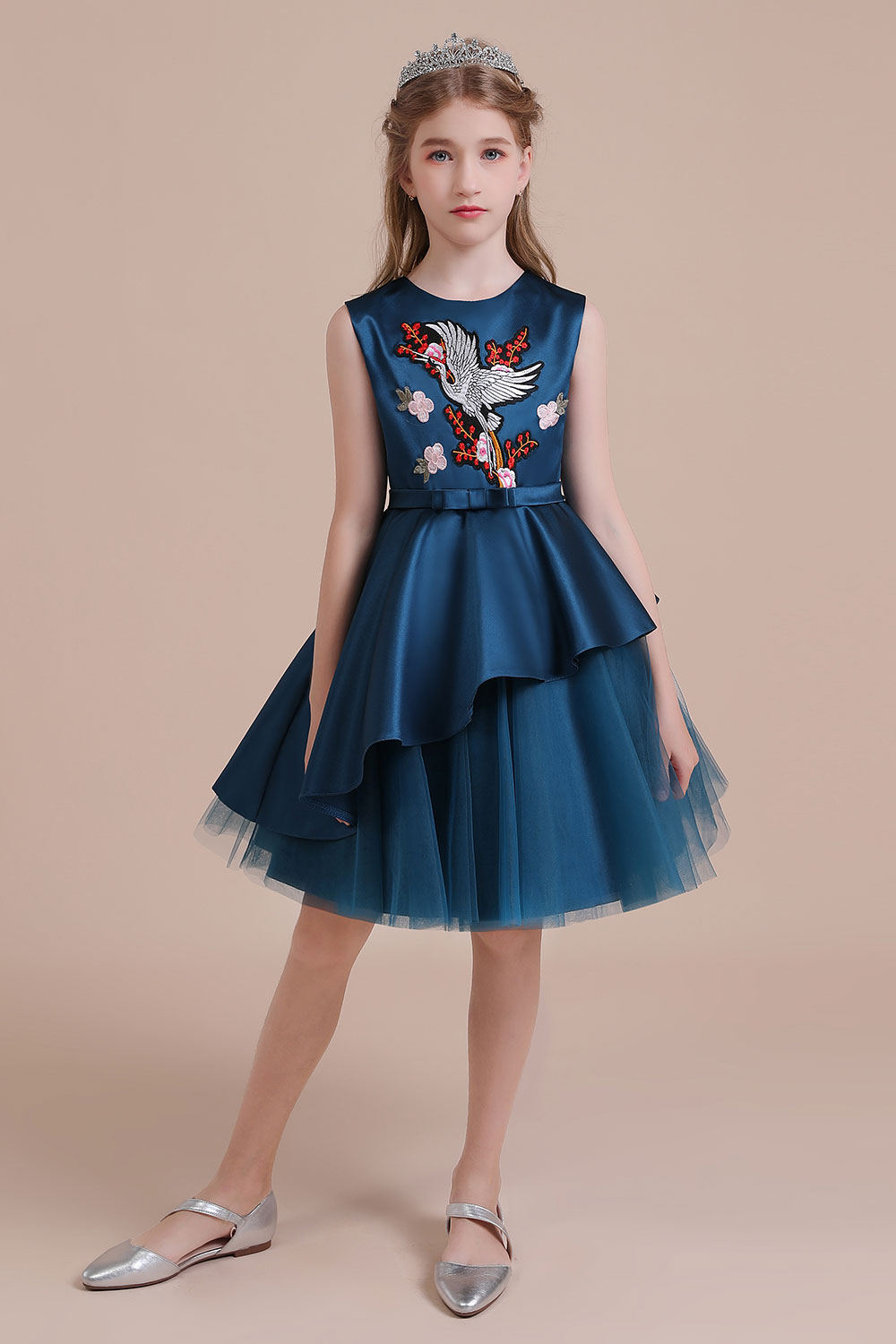 A-line Jewel Neck Sleeveless Knee-length Satin Flower Girl Dress With Embroidery 3