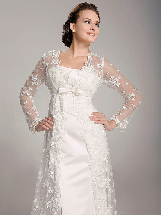 Column Square Neck Long Sleeves Sweep / Brush Train Lace Bridal Gown With Lace 3