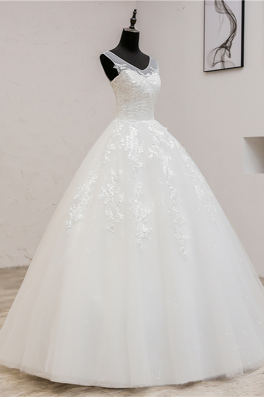 A-line Sleeveless Floor-length Tulle Bridal Dress With Appliques 3