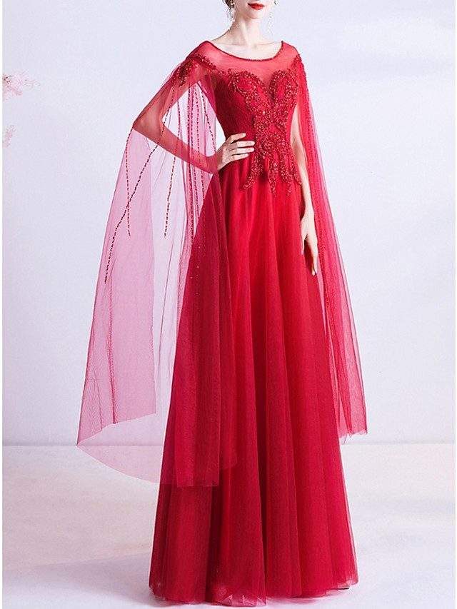 A-line Cap Sleeves Floor-length Tulle Bridal Dress With Beading 2