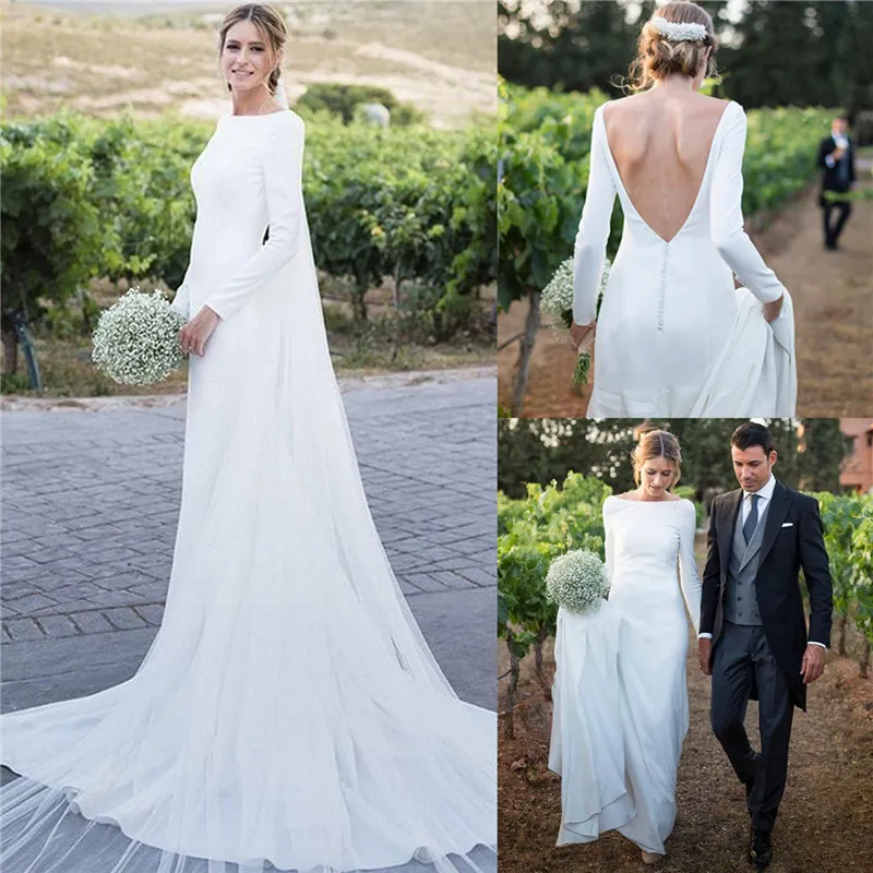 Column Bateau Neck Satin Wedding Dress With Court Train 4