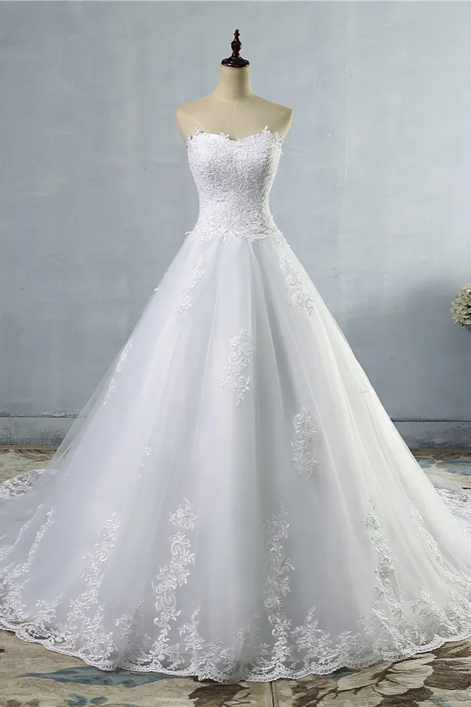 A-line Sweetheart Neck Sleeveless Floor-length Tulle Bridal Dress With Appliques 1