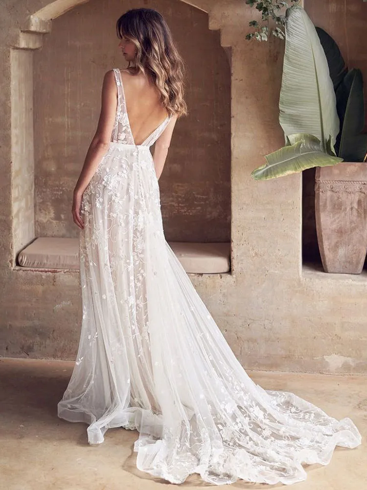 A-line V-neck Sleeveless Lace Bridal Dress With Buttons 3