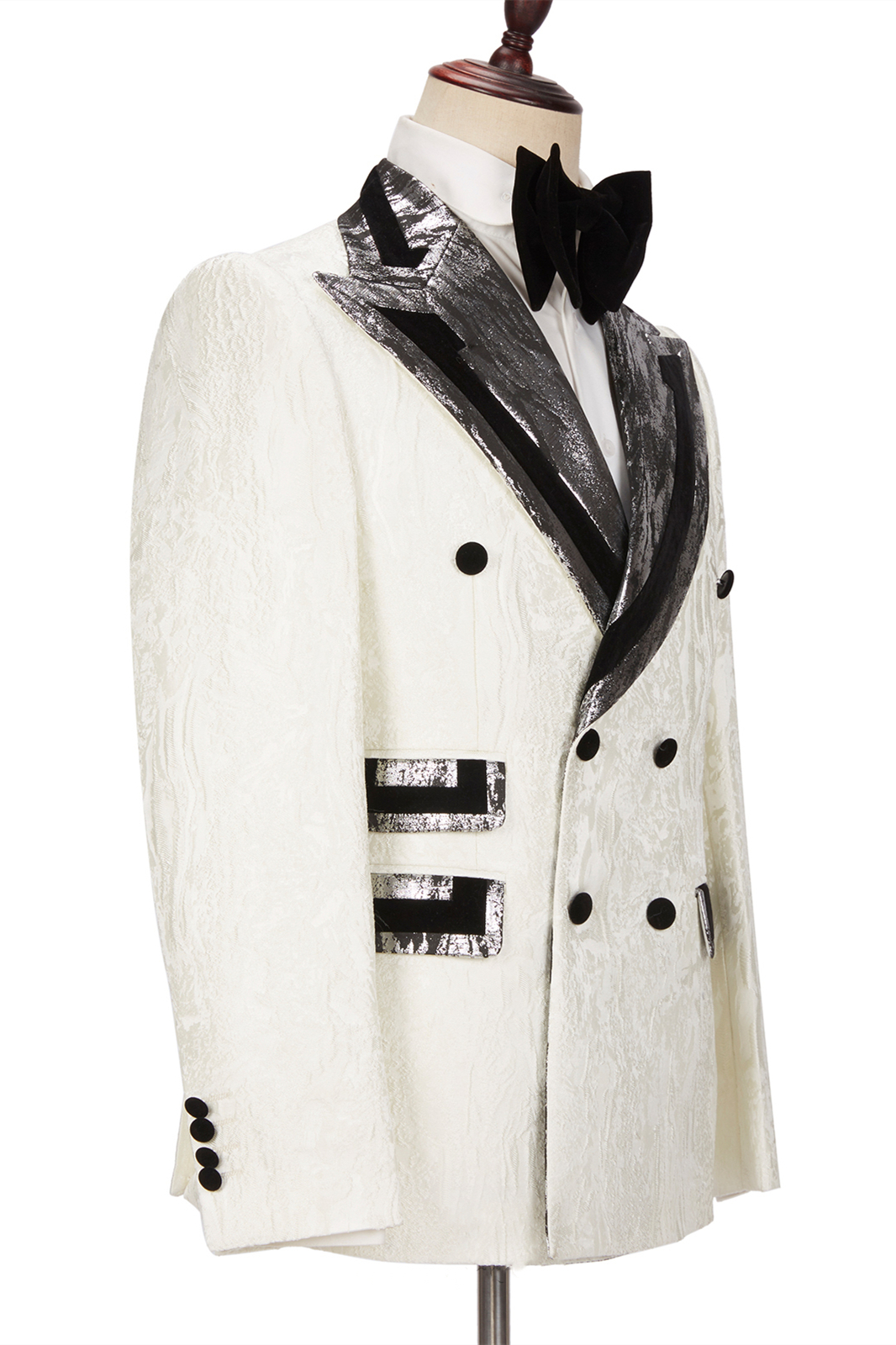 White Jacquard Men's Wedding Suit with Silver Gray Lapel Flaps 3