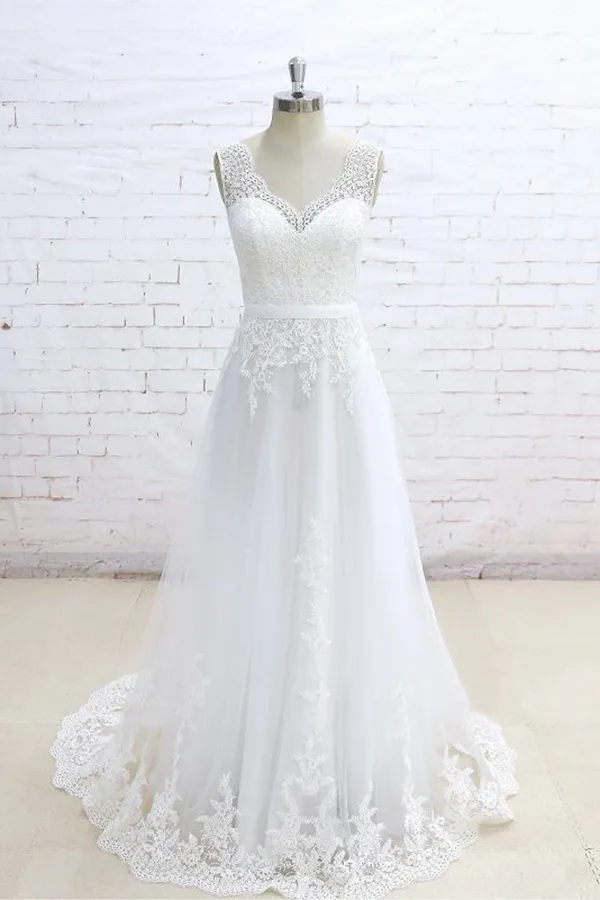 A-line V-neck Sleeveless Sweep / Brush Train Tulle Bridal Gown With Lace 1