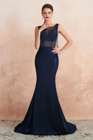 Mermaid Jewel Neck Sleeveless Court Train Satin Evening Dress With Sequins