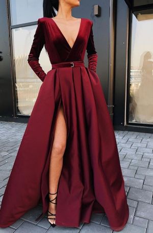 A-line Plunging Neckline Long Sleeves Floor-length Evening Dress With Split Front