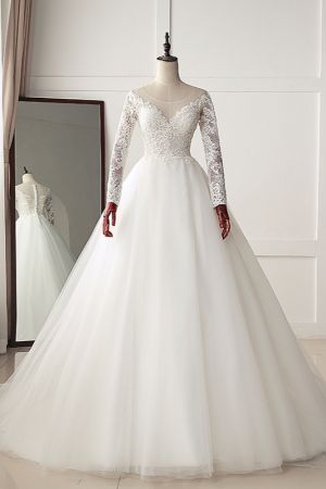 A-line Jewel Neck Long Sleeves Floor-length Tulle Bridal Gown With Appliques