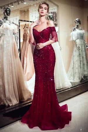 Mermaid Off-the-shoulder Cap Sleeves Court Train Tulle Formal Dress With Sequins