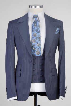 Navy Stripe Three Pieces Men Suit with Notched Lapel