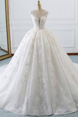 Ball Gown Jewel Neck Sleeveless Floor-length Tulle Bridal Attire With Appliques