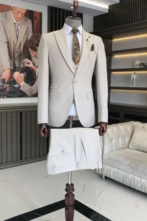 Modern Peaked Lapel Sand Beige Three-Piece Suit