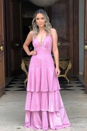A-line Plunging Neckline Sleeveless Floor-length Cocktail Party Dress With Tiered
