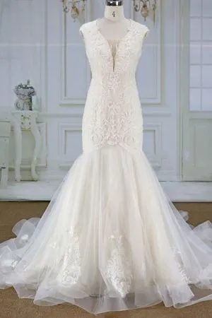 Mermaid Square Neck Sleeveless Cathedral Train Tulle Wedding Gown With Lace