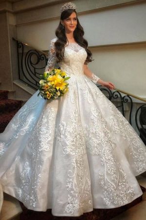 A-line Jewel Neck Long Sleeves Floor-length Satin Wedding Dress With Lace