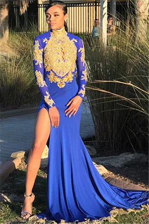Column High Neck Court Train Stretch Satin Evening Dress With Lace