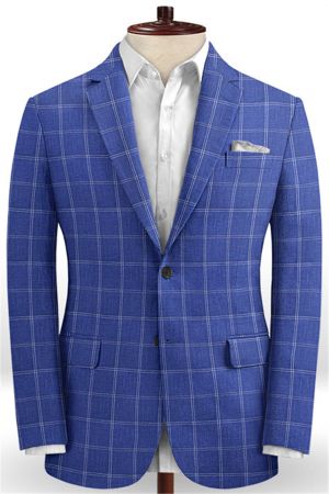 Ocean Blue Grid Linen Men Suits
