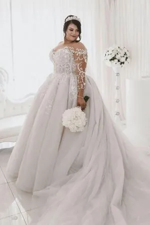 Ball Gown Jewel Neck Long Sleeves Court Train Lace Wedding Gown With Appliques