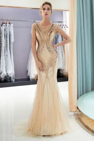Mermaid Jewel Neck Sleeveless Court Train Tulle Evening Gown With Sequins