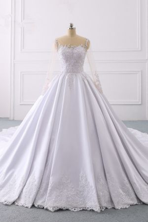 Ball Gown Jewel Neck Long Sleeves Floor-length Satin Wedding Dress With Lace